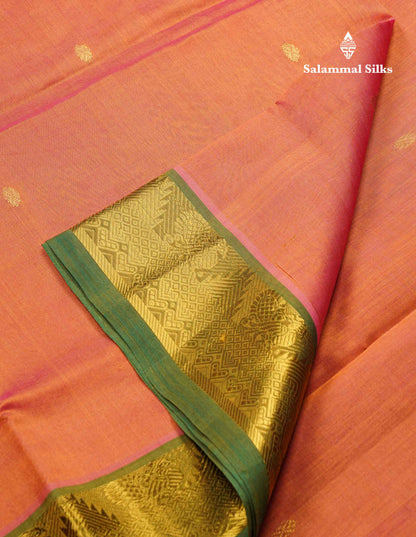 Beautiful Peach Handloom Pure Silk Cotton Saree With Green Traditional Border
