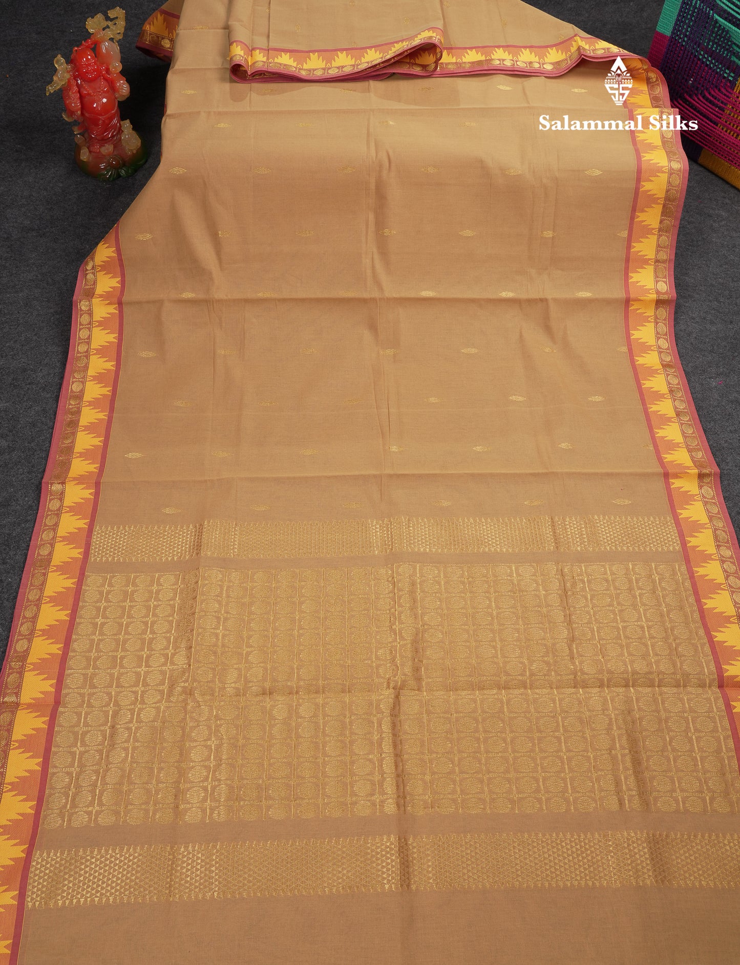 Beautiful Light Elaichi Green Pure Cotton Saree With Traditional Temple Border