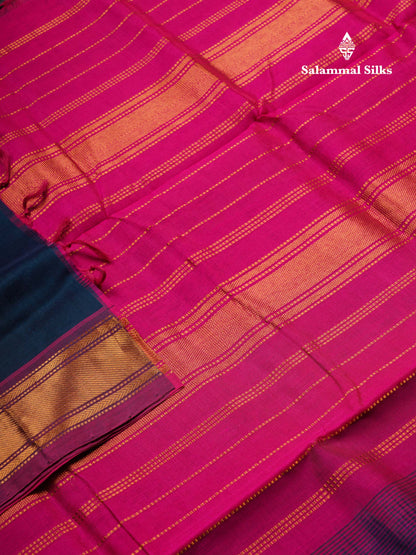 Peacock Blue Plain Pure Silk Cotton Saree With Contrast Magenta Pink Blouse