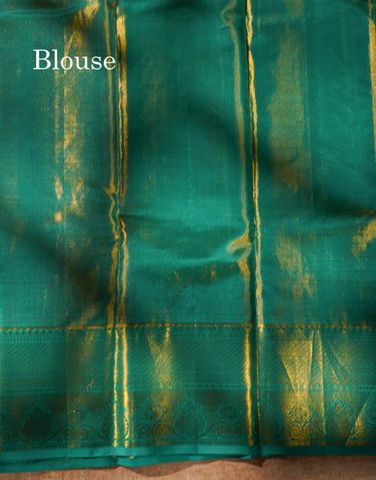 Pink Color Kanjivaram Pure Silk Saree with Saphire Green Border and Blouse