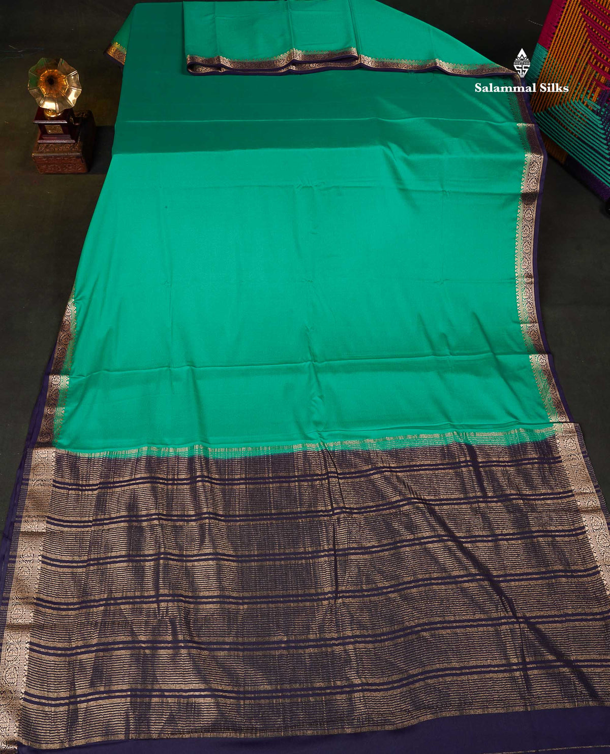 Semi Mysore Silk Saree - Saffire Green  Colour Body Plain With Contrast Navy Blue Small Border