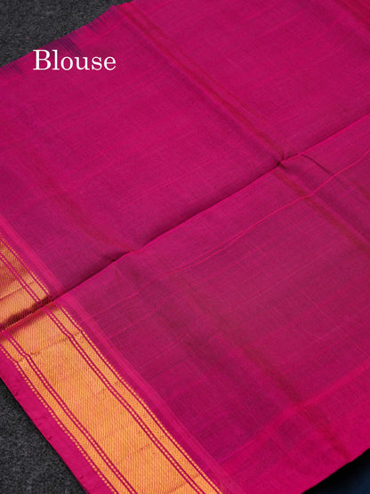Peacock Blue Plain Pure Silk Cotton Saree With Contrast Magenta Pink Blouse