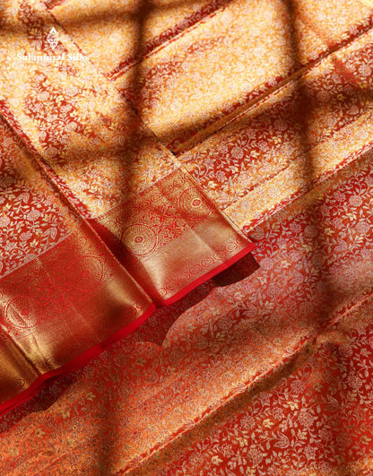 Beautiful Red Tissue Bridal Pure Kanjivaram Silk Saree With Traditional Border