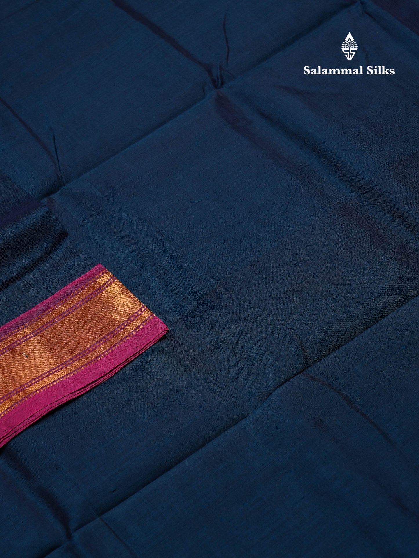 Peacock Blue Plain Pure Silk Cotton Saree With Contrast Magenta Pink Blouse