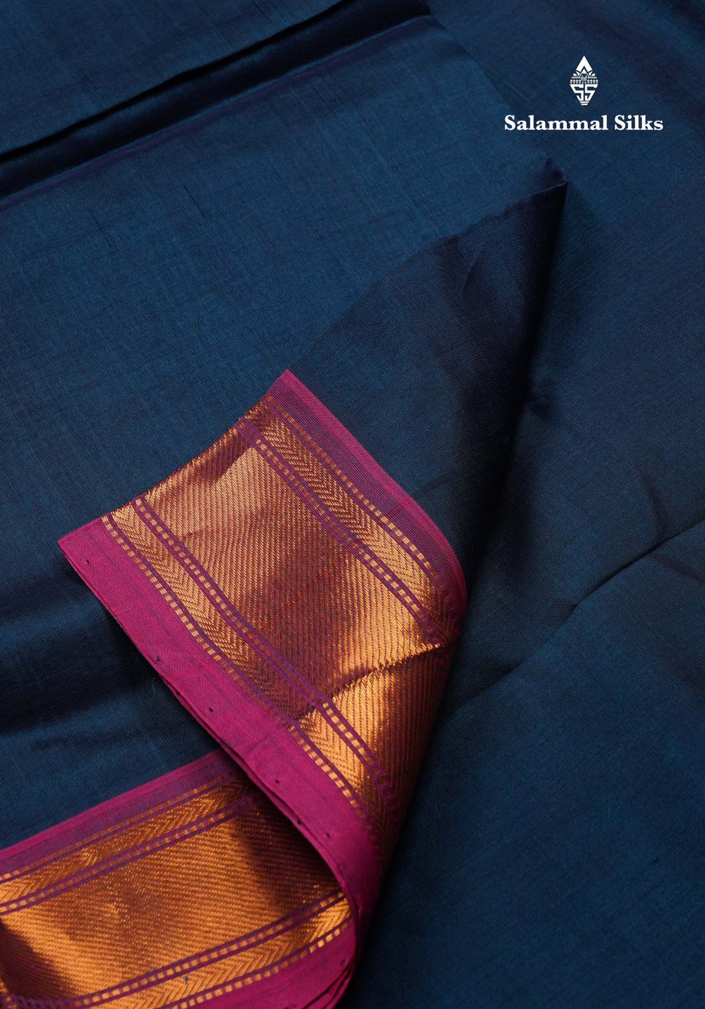 Peacock Blue Plain Pure Silk Cotton Saree With Contrast Magenta Pink Blouse