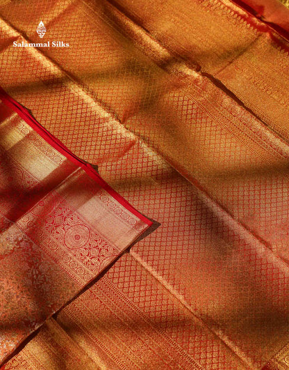 Beautiful Red Tissue Bridal Pure Kanjivaram Silk Saree With Traditional Border