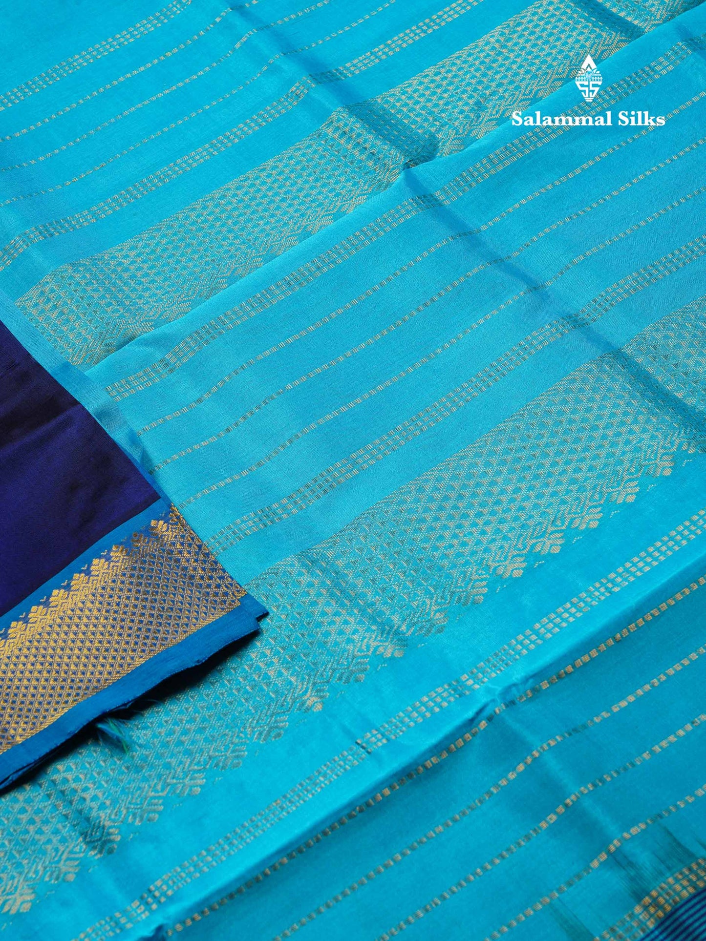 Beautiful Navy Blue Chakaram Zari Butta Pure Silk Cotton Saree With Contrast Anandha Blue Traditional Border