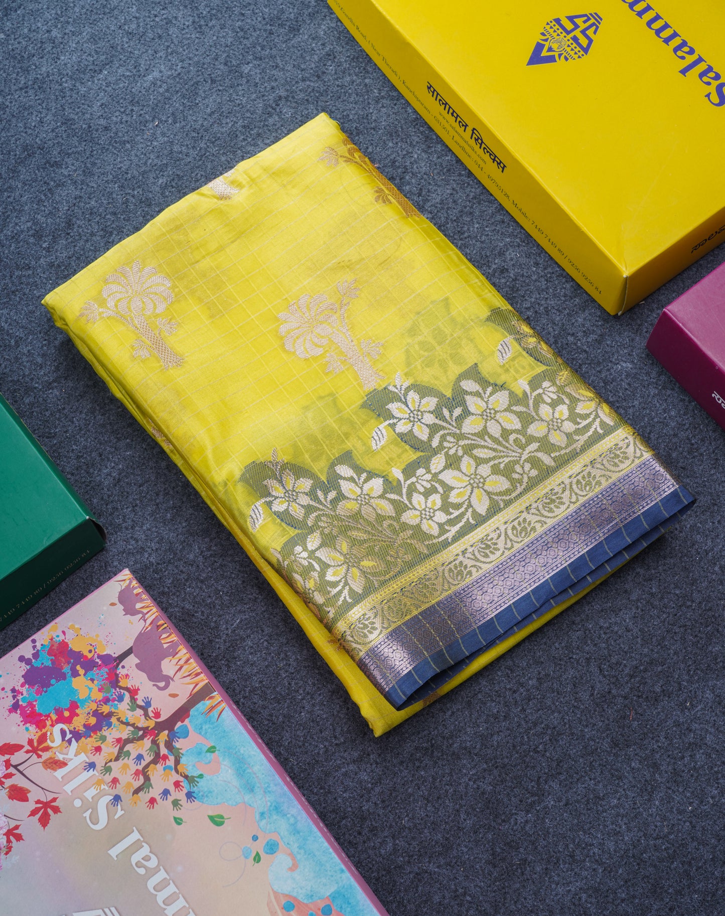 Lemon Yellow Colour Small Checks Semi Silk Saree With Fancy Border