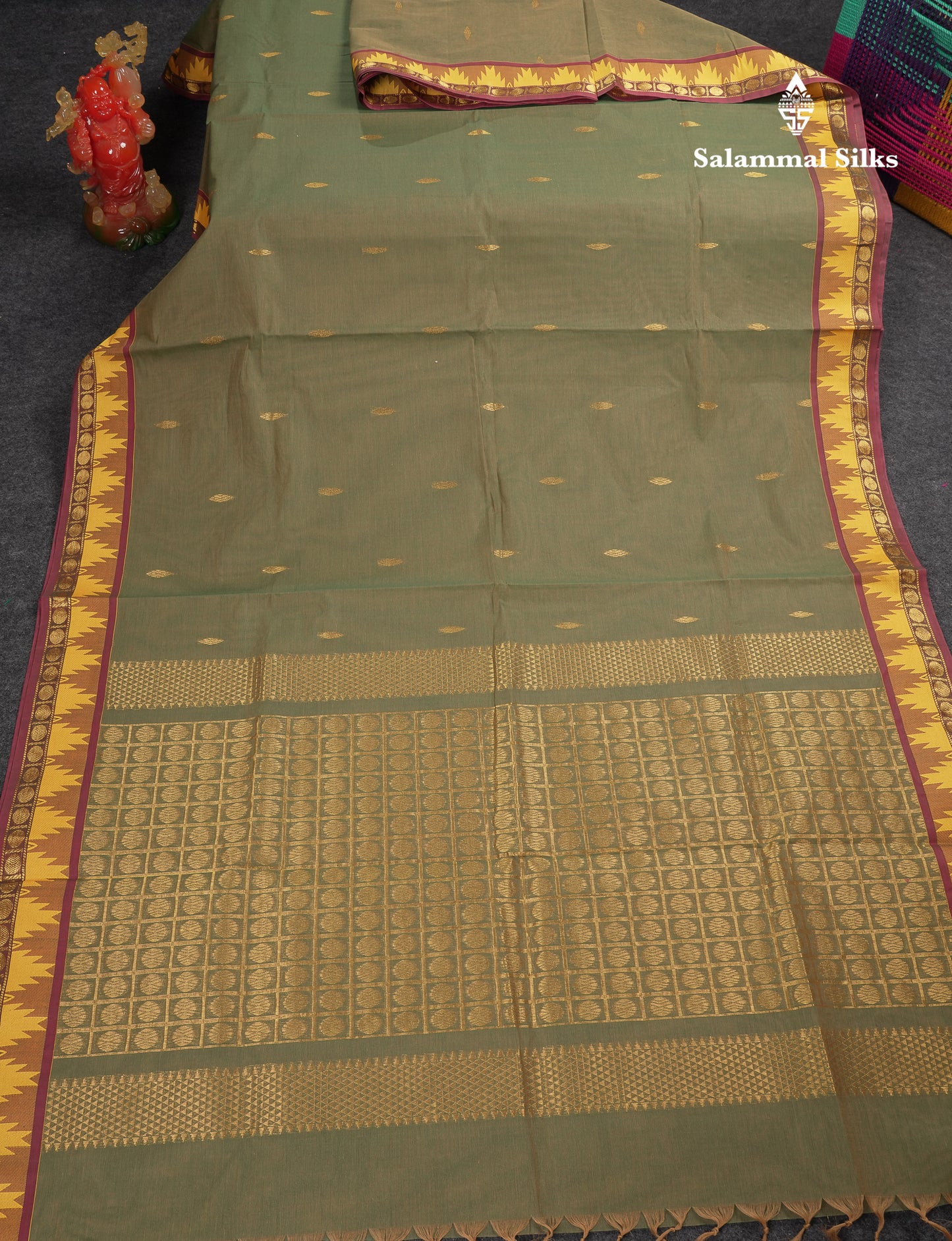 Beautiful Light Elaichi Green Pure Cotton Saree With Traditional Temple Border