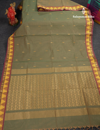 Beautiful Light Elaichi Green Pure Cotton Saree With Traditional Temple Border