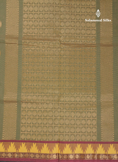 Beautiful Light Elaichi Green Pure Cotton Saree With Traditional Temple Border