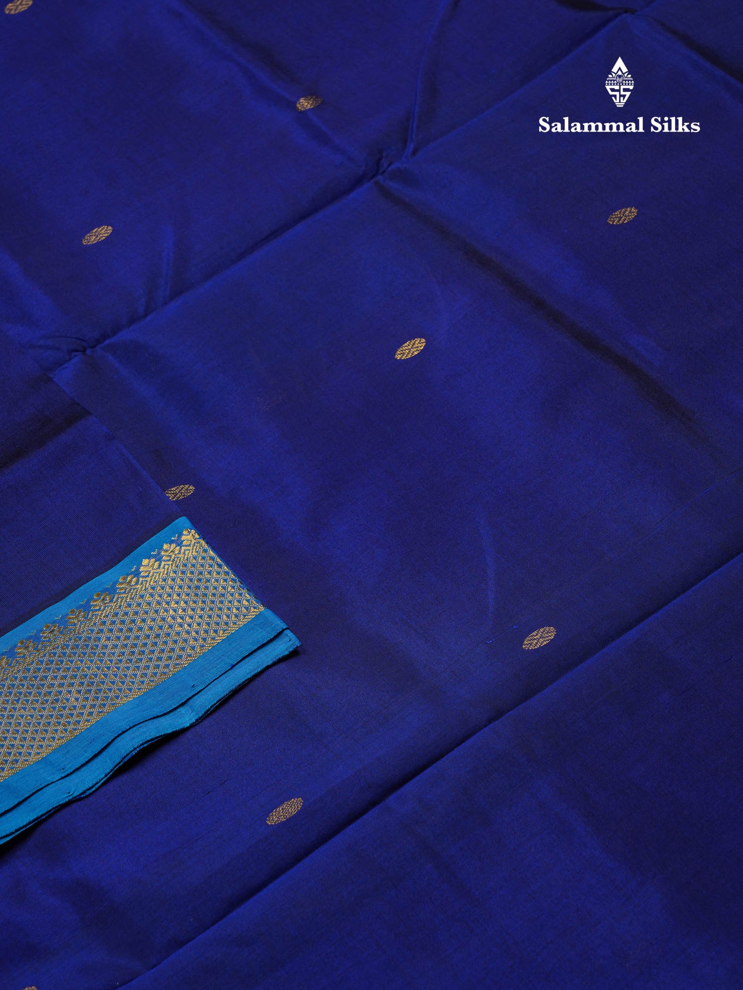 Beautiful Navy Blue Chakaram Zari Butta Pure Silk Cotton Saree With Contrast Anandha Blue Traditional Border