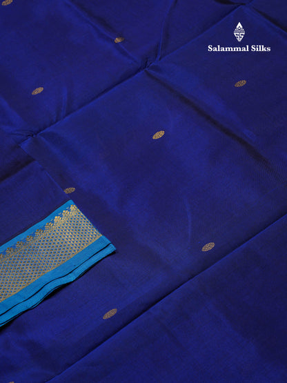 Beautiful Navy Blue Chakaram Zari Butta Pure Silk Cotton Saree With Contrast Anandha Blue Traditional Border