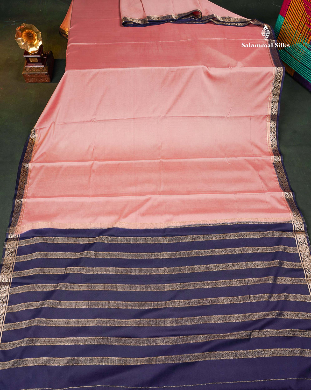 Semi Mysore Silk Saree - Onion Pink  Colour Body Plain With Contrast Navy Blue Small Border 