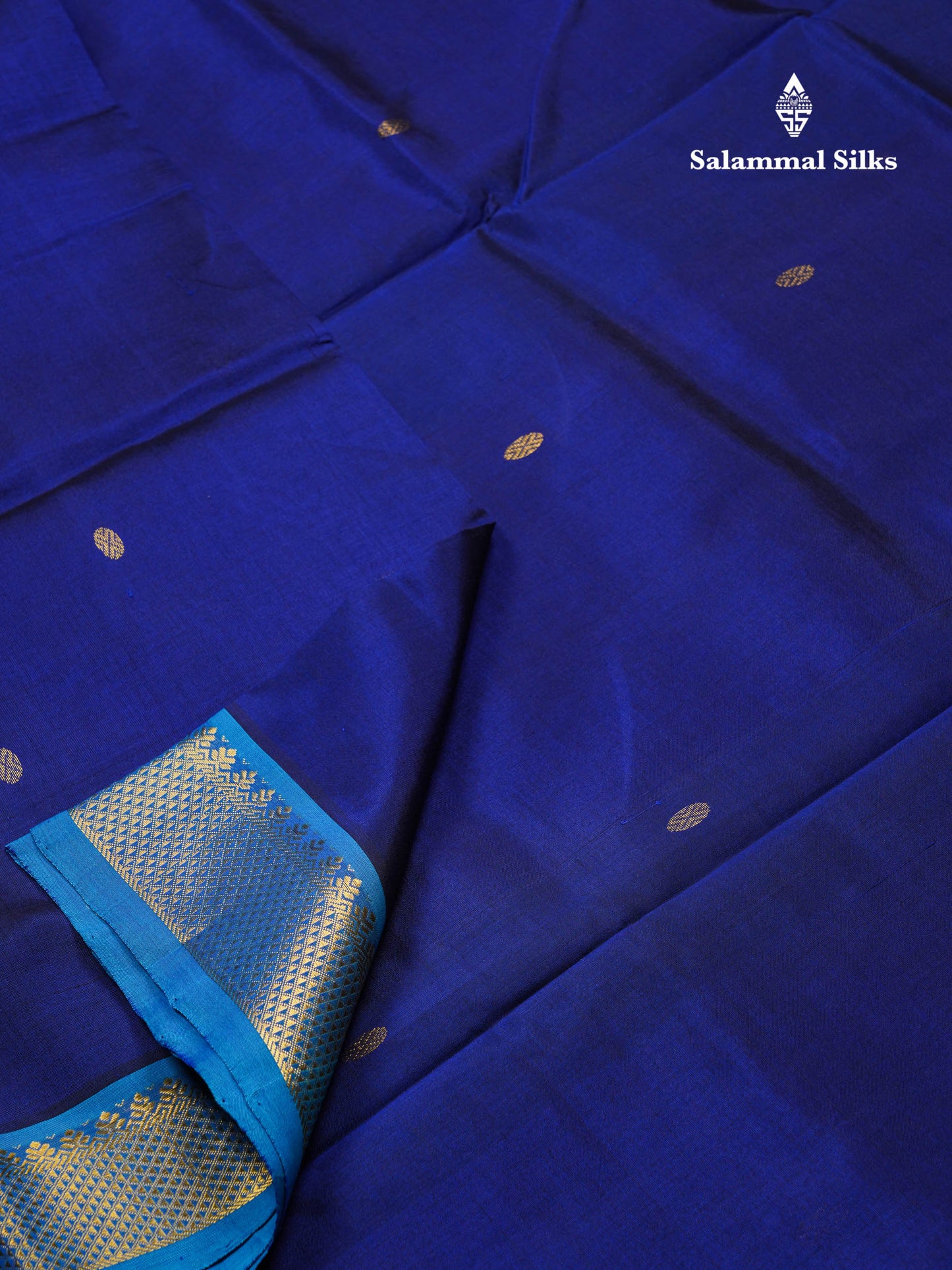 Beautiful Navy Blue Chakaram Zari Butta Pure Silk Cotton Saree With Contrast Anandha Blue Traditional Border