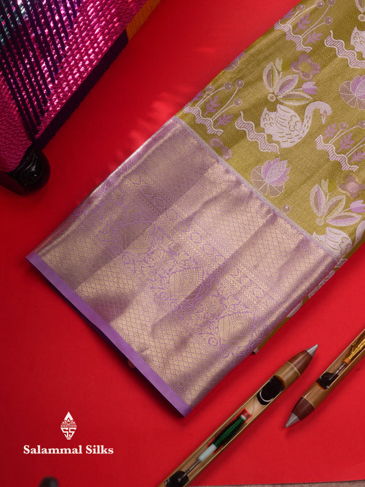 Semi Silk Pattu Pavadai (Olive Mustard Yellow) With Light Lavender Blouse 45 "