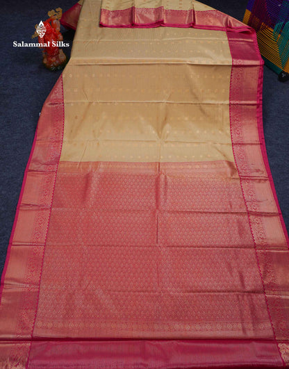 Beautiful Cream Sandal Vaira Oosi Line With Butta Semi Silk Saree With Contrast Pink Traditional Border