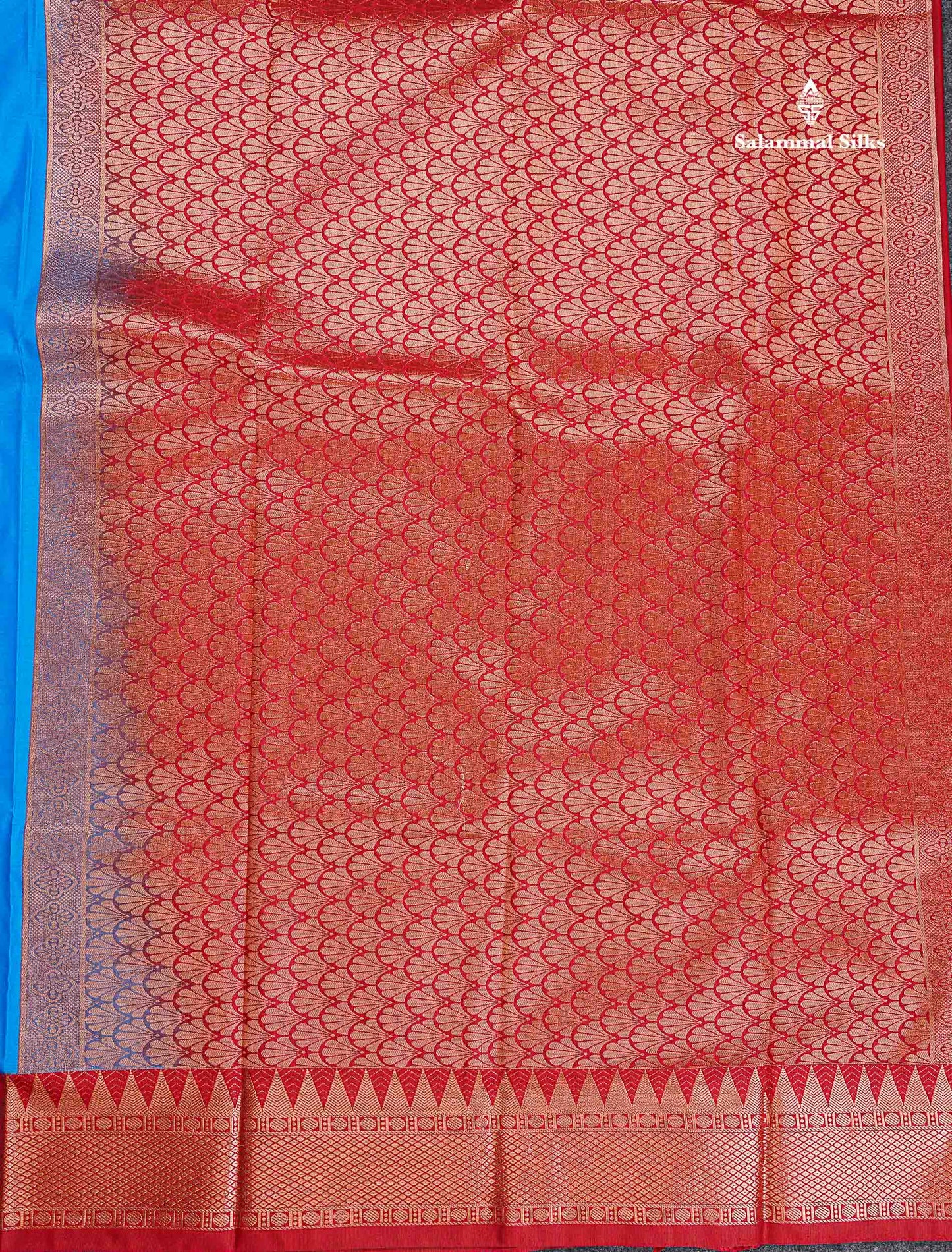 Semi Silk Saree - Anandha Blue Colour Body Plain With Contrast Maroon Traditional Temple Border