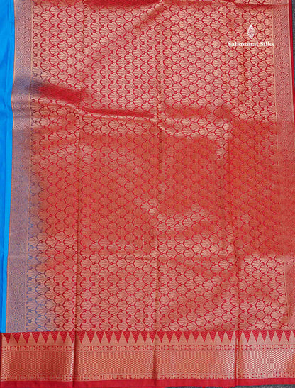Semi Silk Saree - Anandha Blue Colour Body Plain With Contrast Maroon Traditional Temple Border