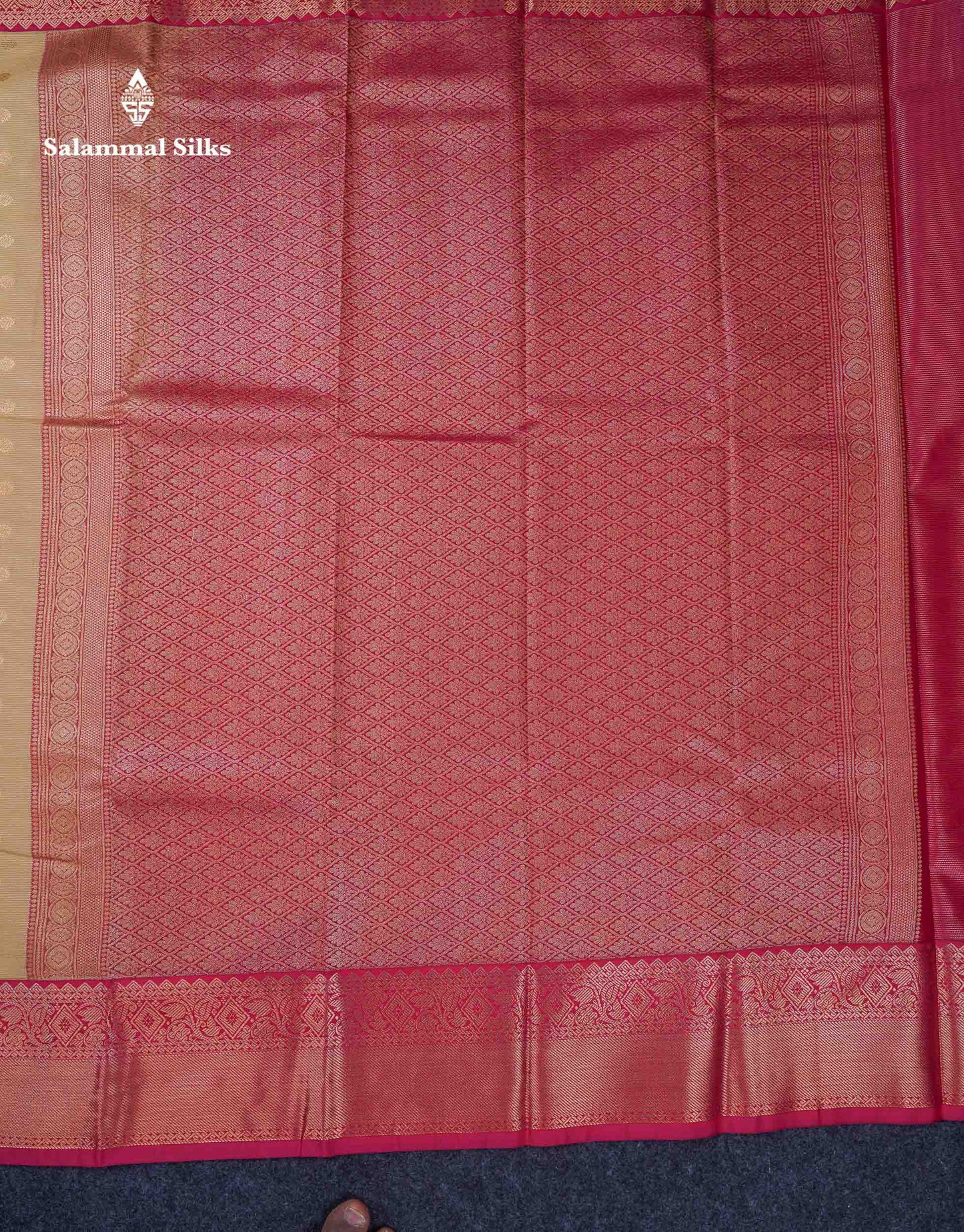 Beautiful Cream Sandal Vaira Oosi Line With Butta Semi Silk Saree With Contrast Pink Traditional Border