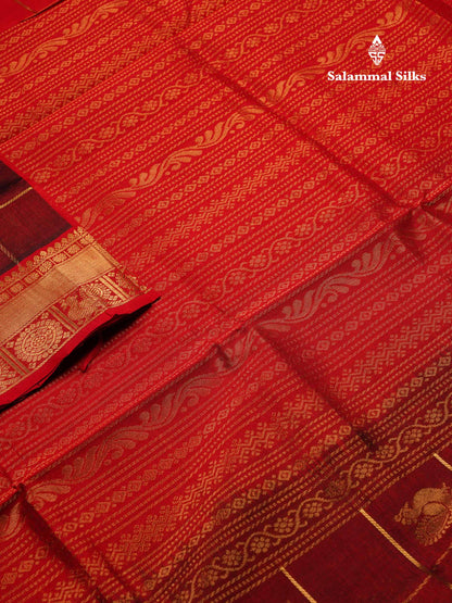 Beautiful Dark Maroon Checks Pure Silk Cotton Saree With Contrast Maroon Traditional Border