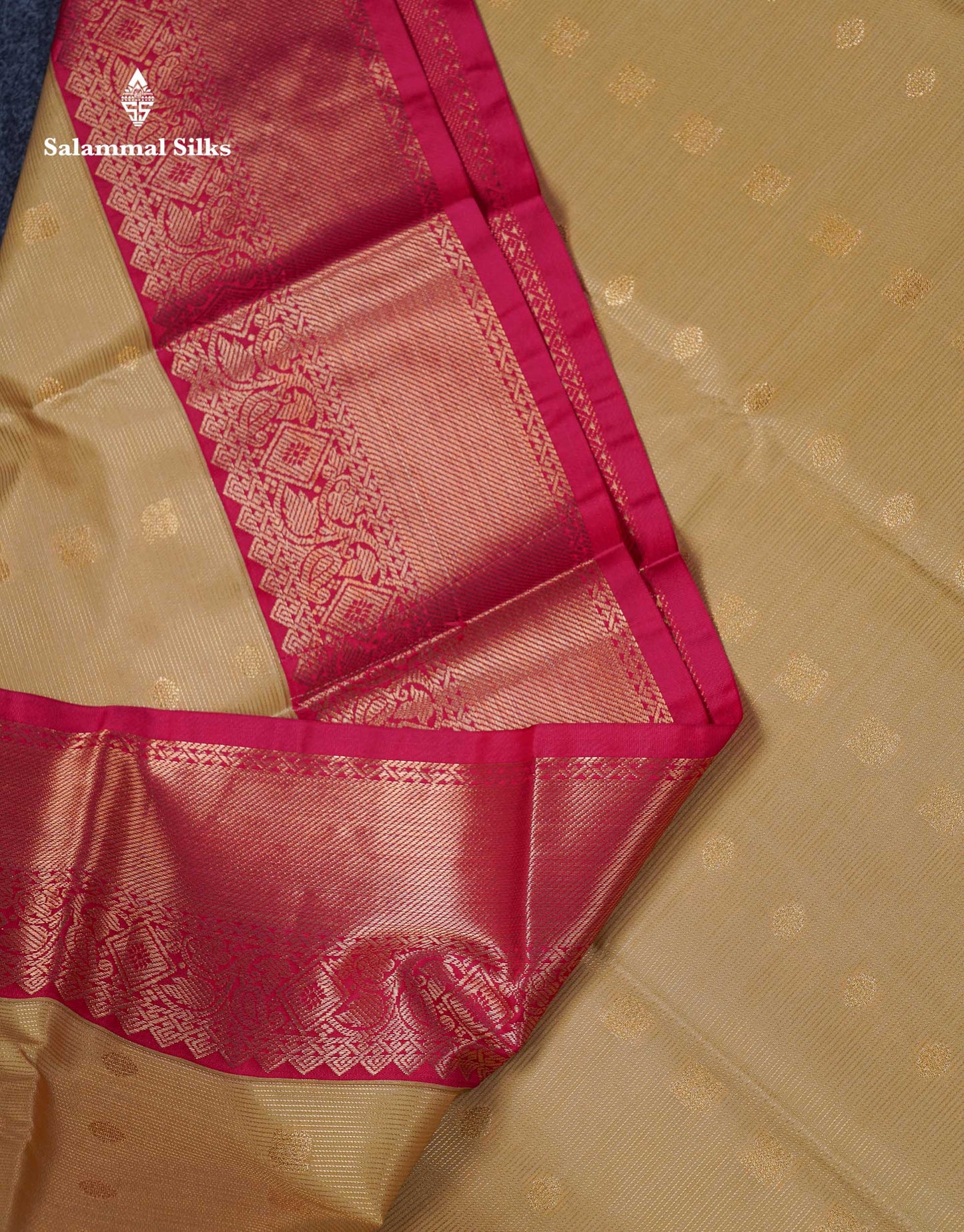 Beautiful Cream Sandal Vaira Oosi Line With Butta Semi Silk Saree With Contrast Pink Traditional Border