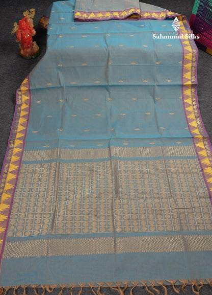 Beautiful Light Elaichi Green Pure Cotton Saree With Traditional Temple Border