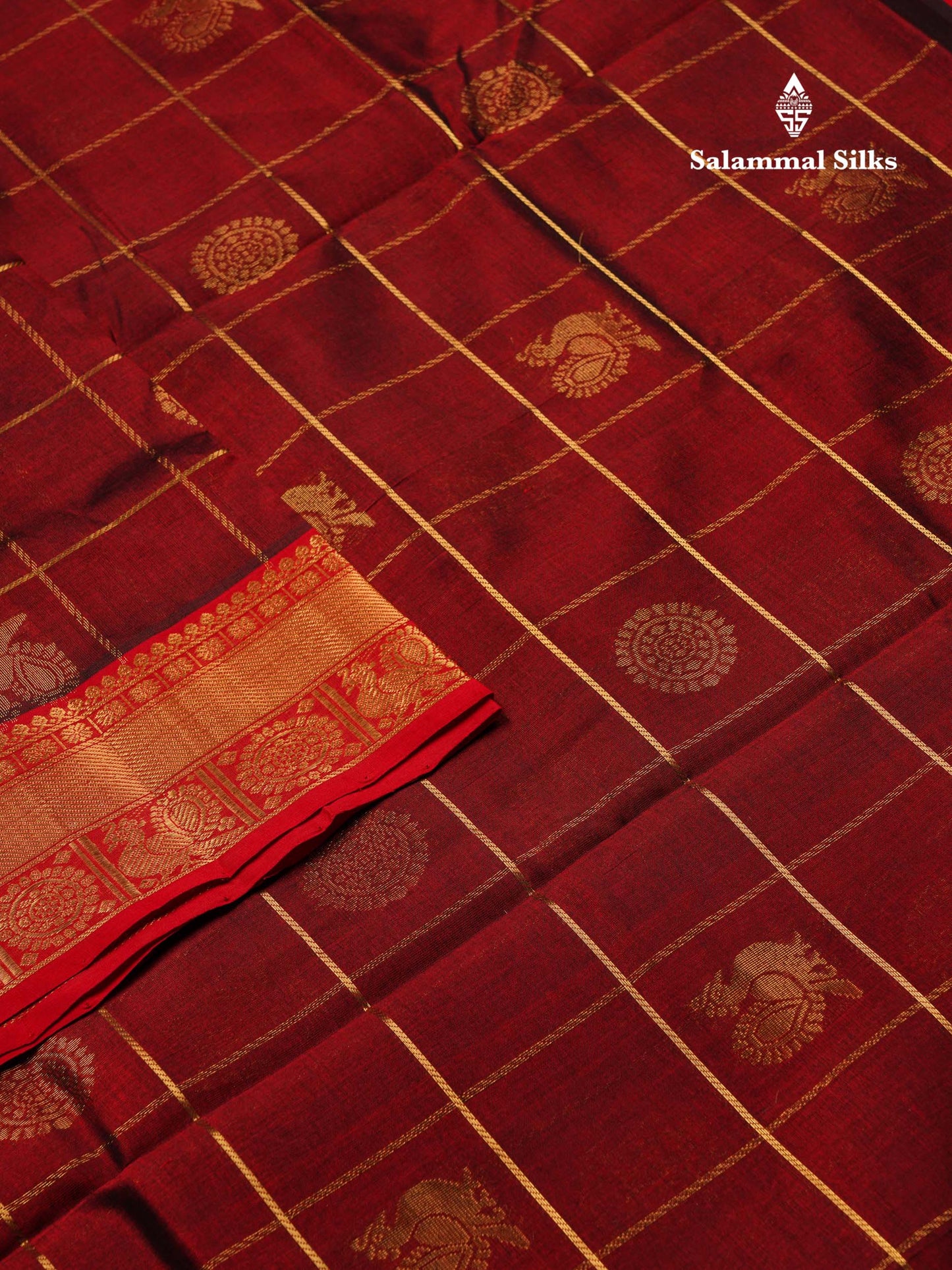 Beautiful Dark Maroon Checks Pure Silk Cotton Saree With Contrast Maroon Traditional Border