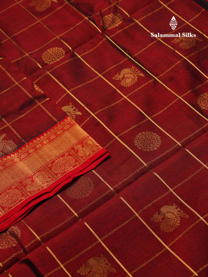 Beautiful Dark Maroon Checks Pure Silk Cotton Saree With Contrast Maroon Traditional Border