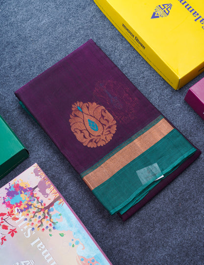 Beautiful Magenta Menakari Work SICO Cotton Saree With Contrast Sky Blue Blouse