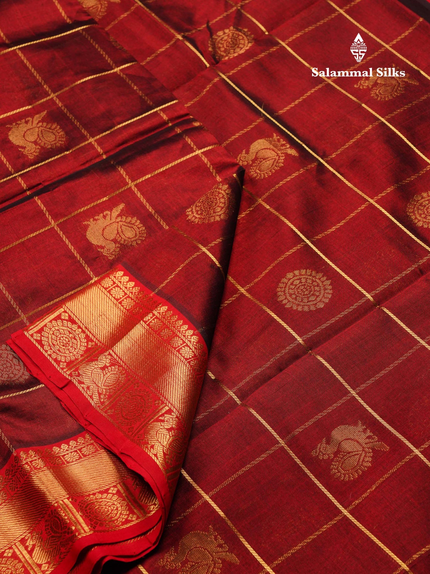 Beautiful Dark Maroon Checks Pure Silk Cotton Saree With Contrast Maroon Traditional Border