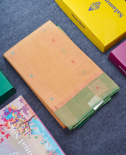 Beautiful Sandal Meenakari Work SICO Cotton Saree With Contrast Bottle Green Blouse