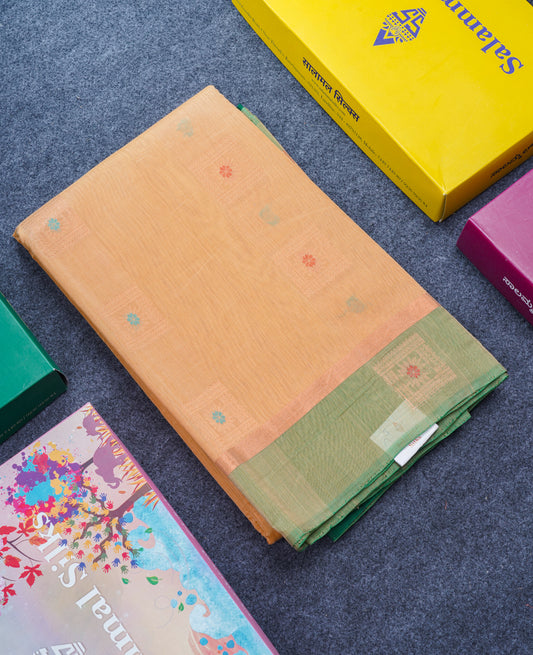 Beautiful Sandal Meenakari Work SICO Cotton Saree With Contrast Bottle Green Blouse