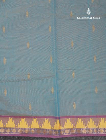Beautiful Light Elaichi Green Pure Cotton Saree With Traditional Temple Border