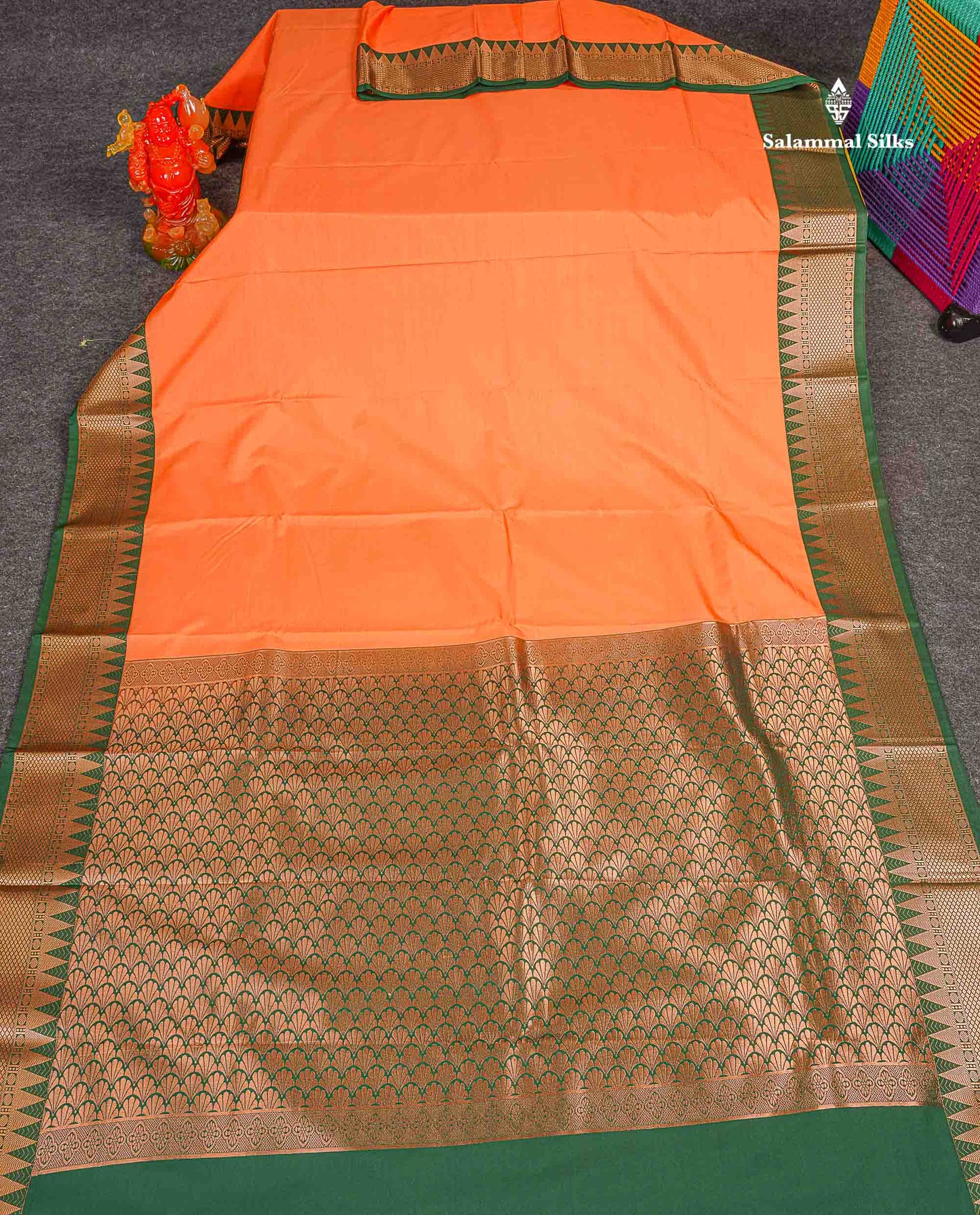 Semi Silk Saree - Peach Orange Colour Body Plain With Contrast Bottle Green Traditional Temple Border 