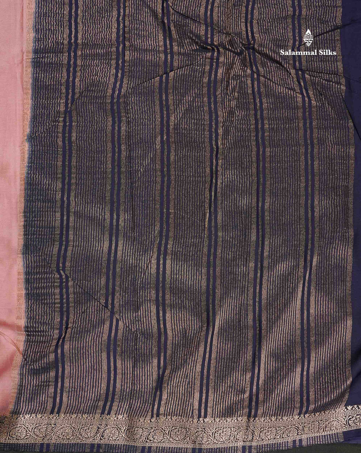 Semi Mysore Silk Saree - Pinkish Peach  Colour Body Plain With Contrast Navy Blue Small Border