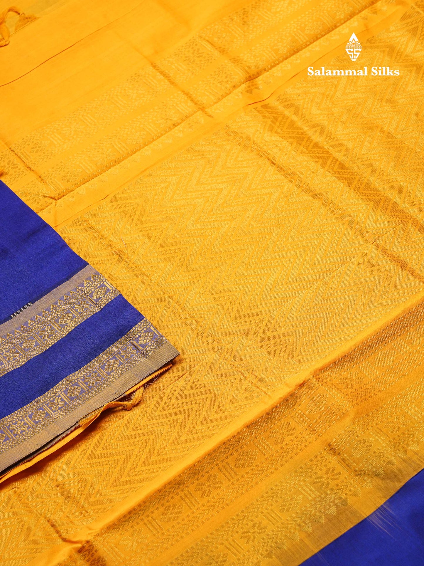 Beautiful Royal Blue Chakaram & Peacock Zari Butta Semi Silk Cotton Saree With Contrast Mustard Yellow Blouse
