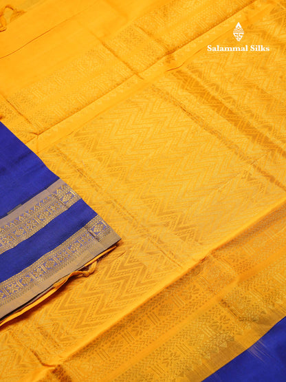 Beautiful Royal Blue Chakaram & Peacock Zari Butta Semi Silk Cotton Saree With Contrast Mustard Yellow Blouse