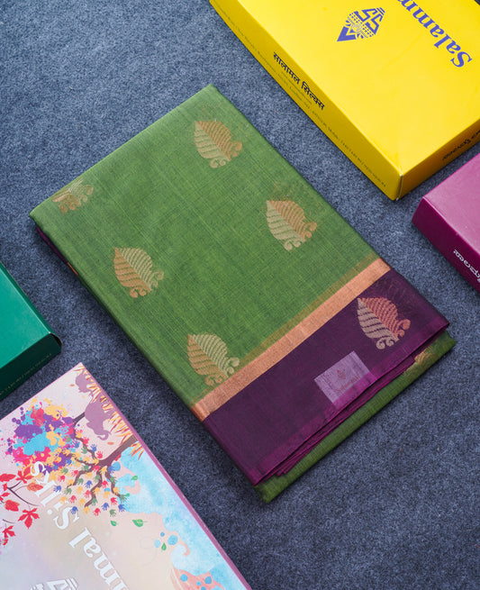 Beautiful Green SICO Cotton Saree With Contrast Magenta Blouse