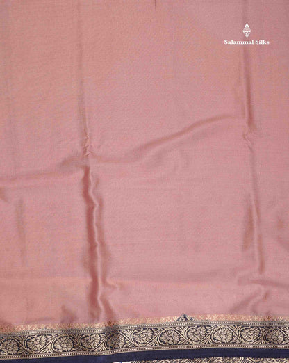 Semi Mysore Silk Saree - Pinkish Peach  Colour Body Plain With Contrast Navy Blue Small Border