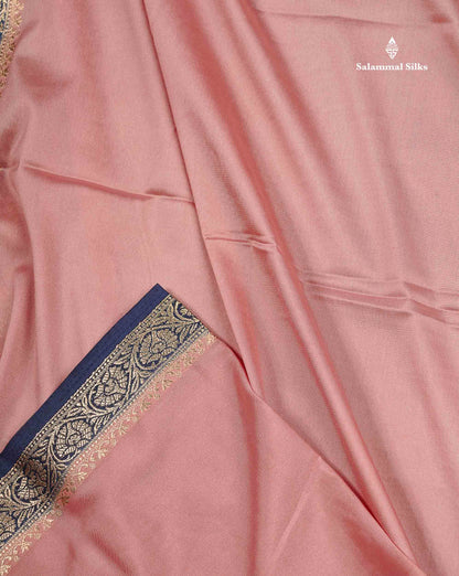 Semi Mysore Silk Saree - Pinkish Peach  Colour Body Plain With Contrast Navy Blue Small Border