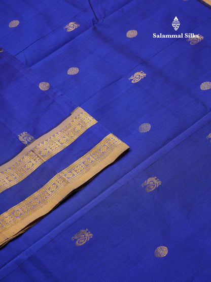 Beautiful Royal Blue Chakaram & Peacock Zari Butta Semi Silk Cotton Saree With Contrast Mustard Yellow Blouse