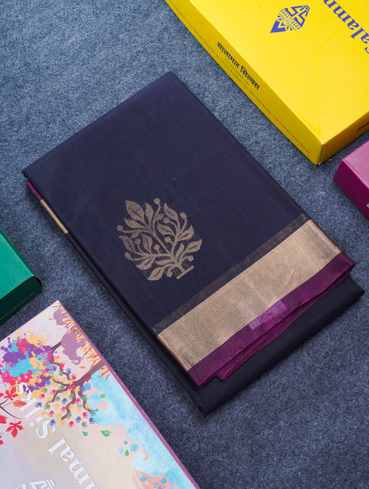 Beautiful Dark Navy Blue SICO Cotton Saree With Contrast Magenta Blouse