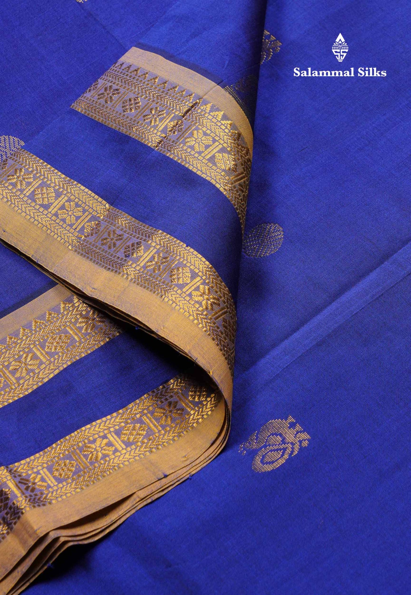 Beautiful Royal Blue Chakaram & Peacock Zari Butta Semi Silk Cotton Saree With Contrast Mustard Yellow Blouse
