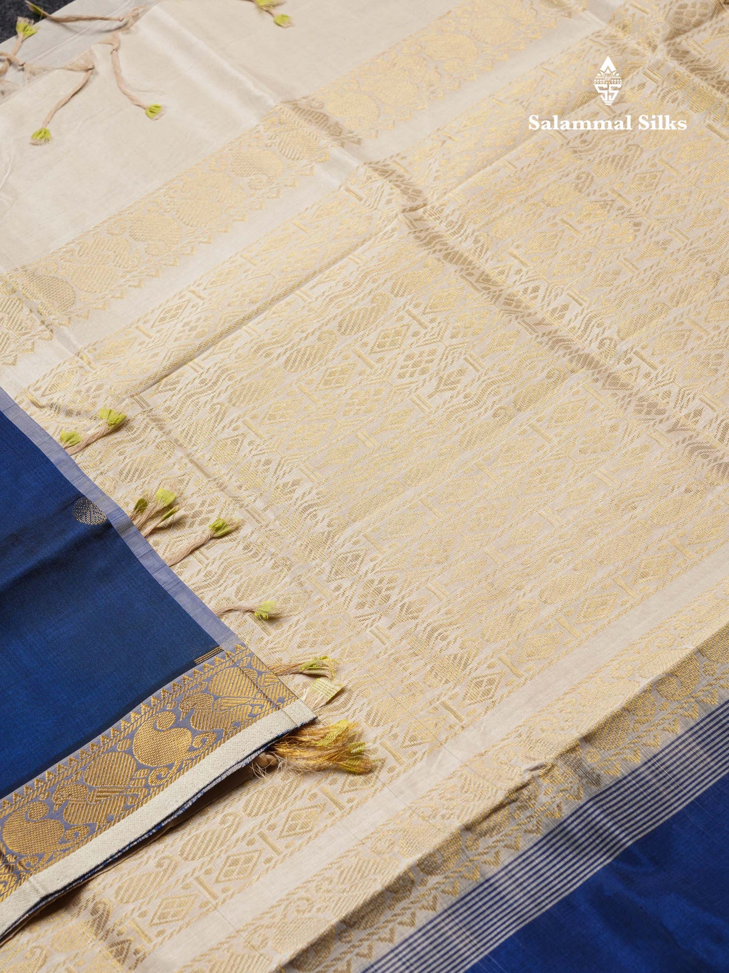 Beautiful Royal Blue Traditional Buttas Handloom Semi Silk Cotton Saree With Half White Border
