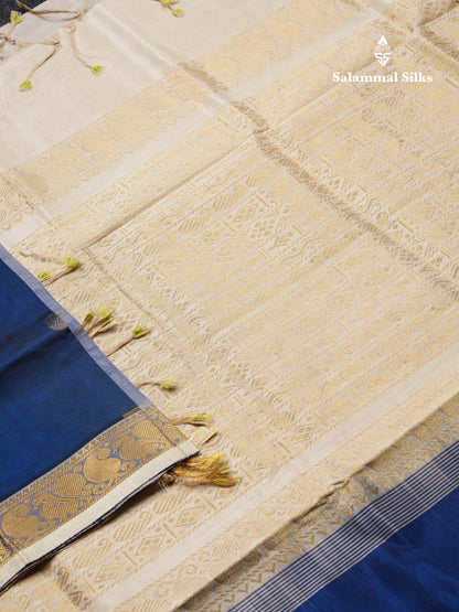 Beautiful Royal Blue Traditional Buttas Handloom Semi Silk Cotton Saree With Half White Border