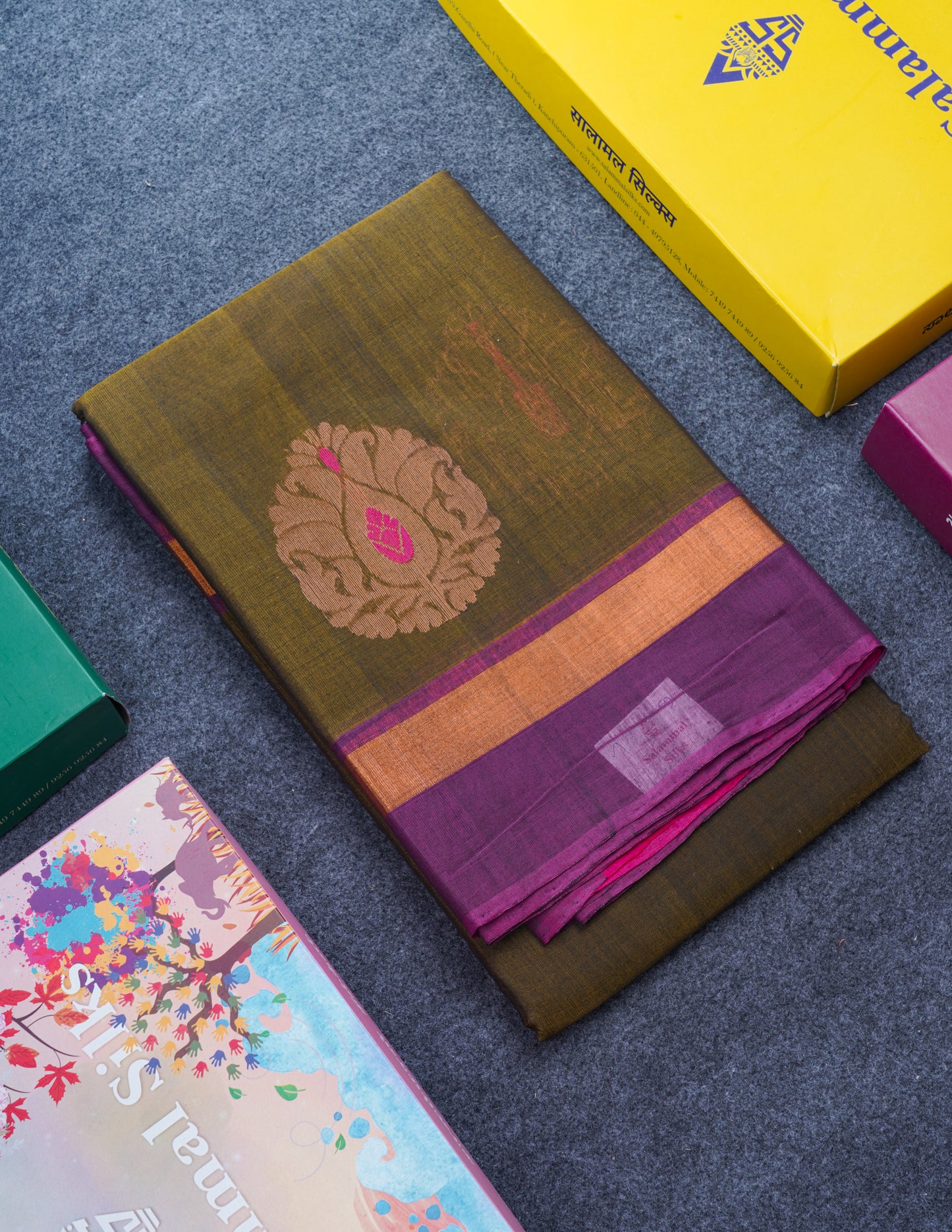 Olive Mustard Yellow Beautiful SICO Cotton Saree With Magenta Border