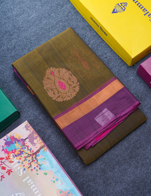 Olive Mustard Yellow Beautiful SICO Cotton Saree With Magenta Border