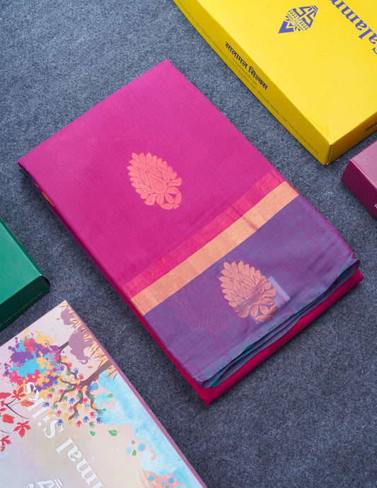 Beautiful Pink SICO Cotton Saree With Contrast Sapphire Blue Blouse