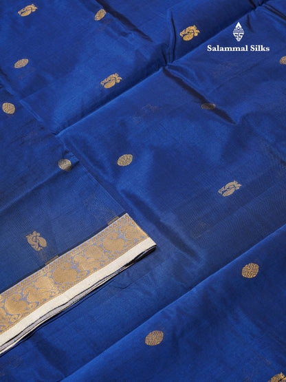 Beautiful Royal Blue Traditional Buttas Handloom Semi Silk Cotton Saree With Half White Border